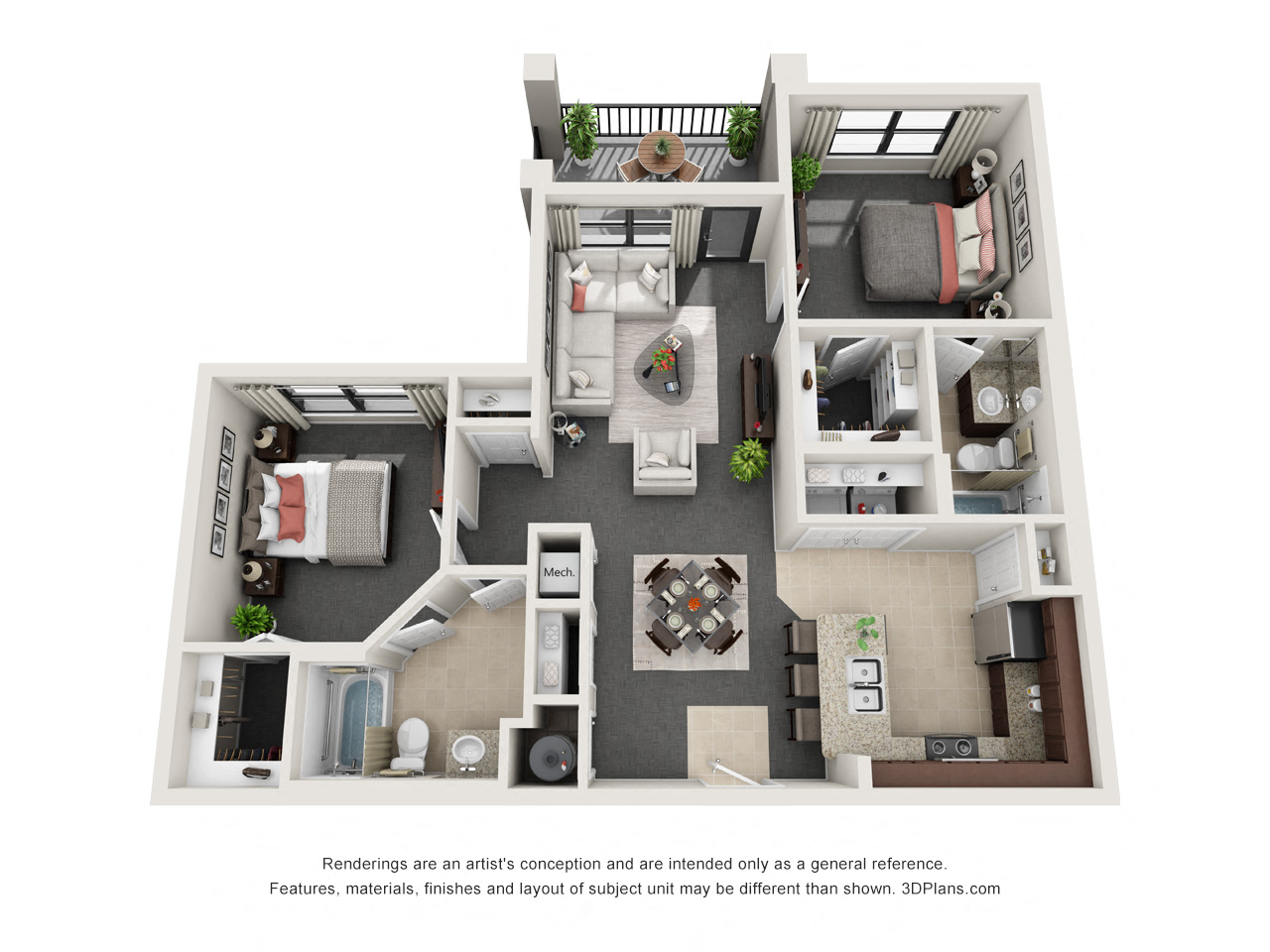 Floor plan for 2 beds, 2 baths, 1039 sqft